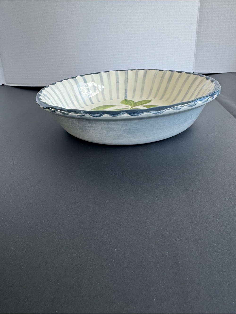 Hand-Painted Blue and White Ceramic Serving Bowl with Leaf Motif